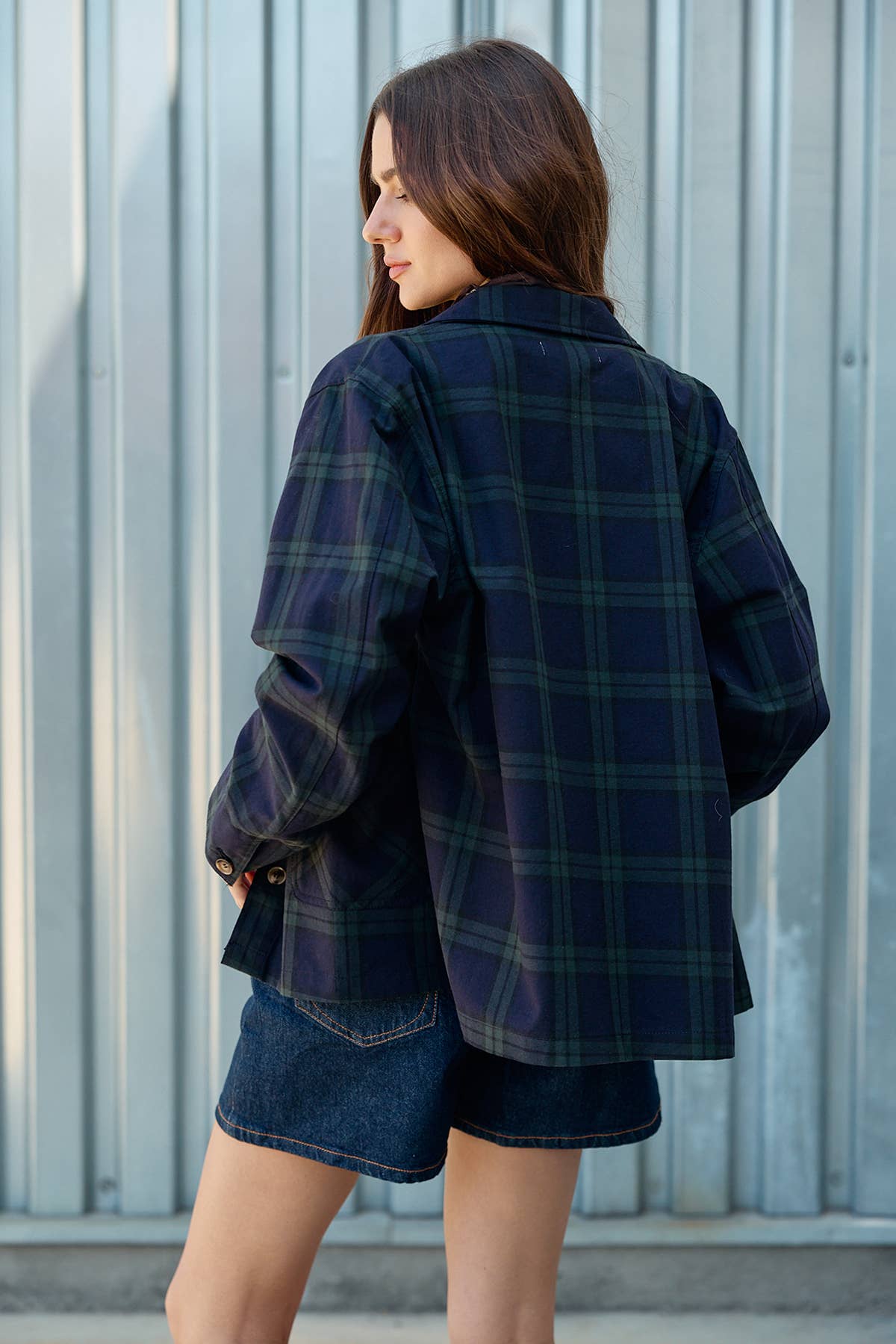 Navy + Green Plaid Button Front Jacket