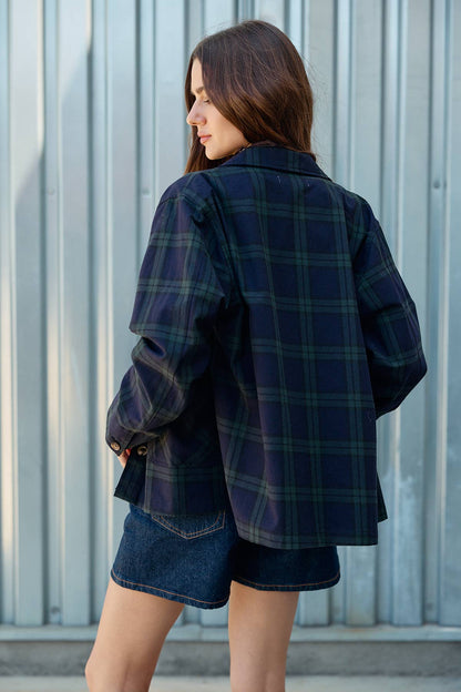 Navy + Green Plaid Button Front Jacket