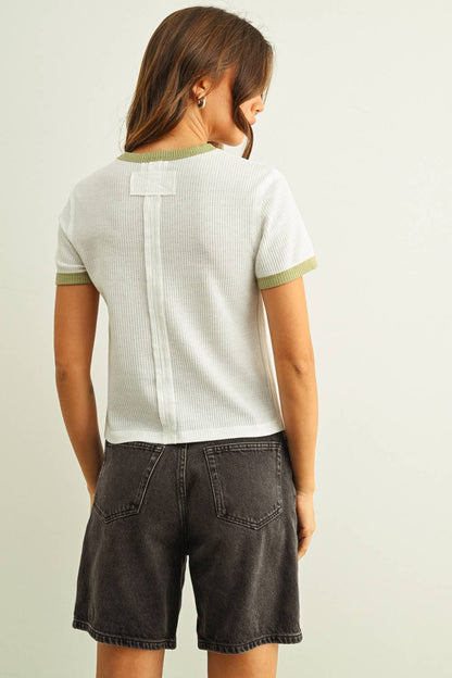 Color Trim Waffle Tee | Sage
