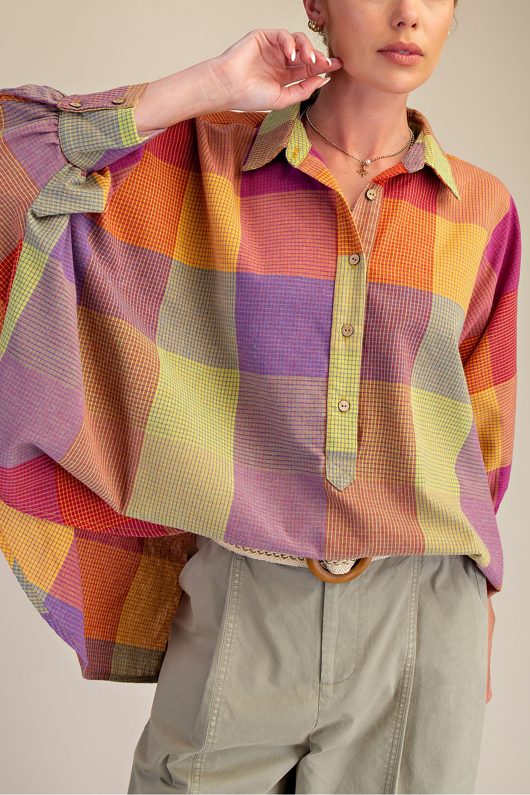 Oversized Dolman Sleeve Plaid Shirt | Berry | Extended