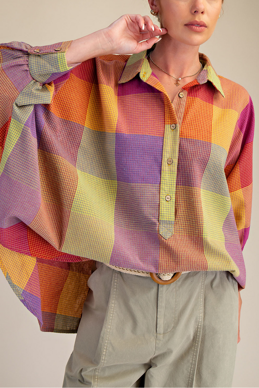 Oversized Dolman Sleeve Plaid Shirt | Berry | Extended