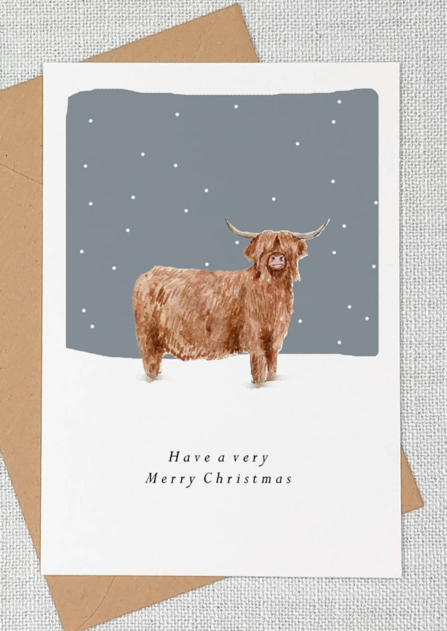 Highland Cow Snowy Night Card